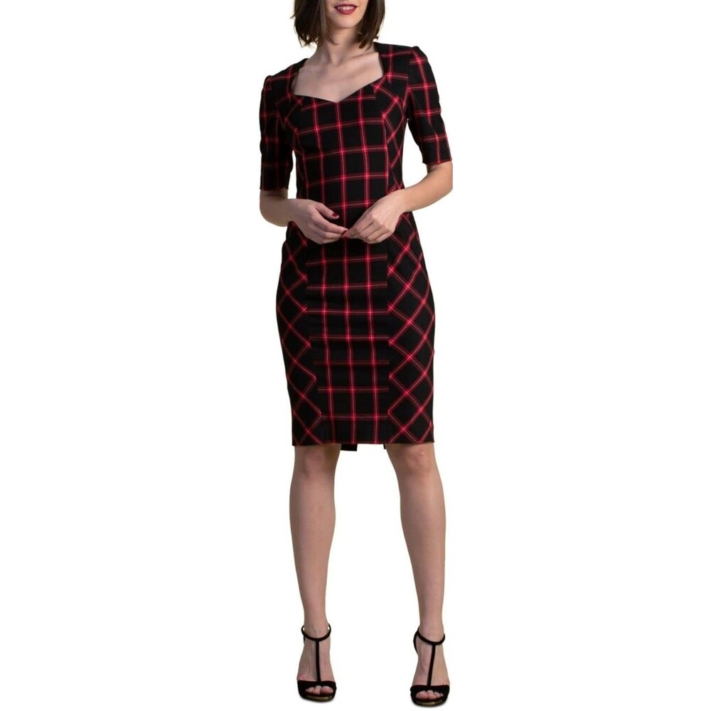 Trina Turk Chiyah Plaid  Holiday Shift Dress Size 0 Lined Red Black Pencil New